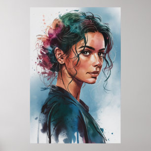 Poster Retrato de mulher em aquarela sonhadora com cabelo
