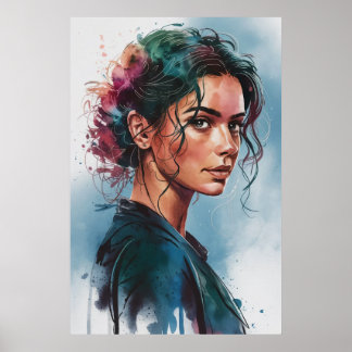 Poster Retrato de mulher em aquarela sonhadora com cabelo