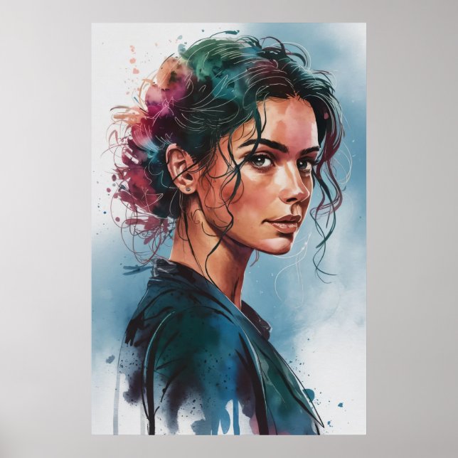 Poster Retrato de mulher em aquarela sonhadora com cabelo (Frente)