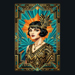 Poster Retrato de Mulher Flapper em Art Déco Cartaz em Do<br><div class="desc">Capture a essência dos loucos anos 20 com este impressionante retrato Art Déco. Com uma sofisticada garota flapper com um corte geométrico de bob e uma luxuosa peça de cabeça com penas, ela se destaca contra um radiante sol nascente laranja e um fundo de leque em tial profundo. Enquadrada por...</div>