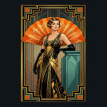 Poster Retrato de mulher Gatsby em Art Déco elegante a ou<br><div class="desc">Adote o auge da elegância da Era do Jazz com este sofisticado retrato Art Déco de uma mulher em um vestido de contas. Com uma rica paleta de cores em azul-teal e dourado, ela é posicionada contra um enorme leque em explosão de laranja. Bordas geométricas opulentas enquadram esta peça, tornando-a...</div>
