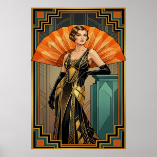 Poster Retrato de mulher Gatsby em Art Déco elegante a ou