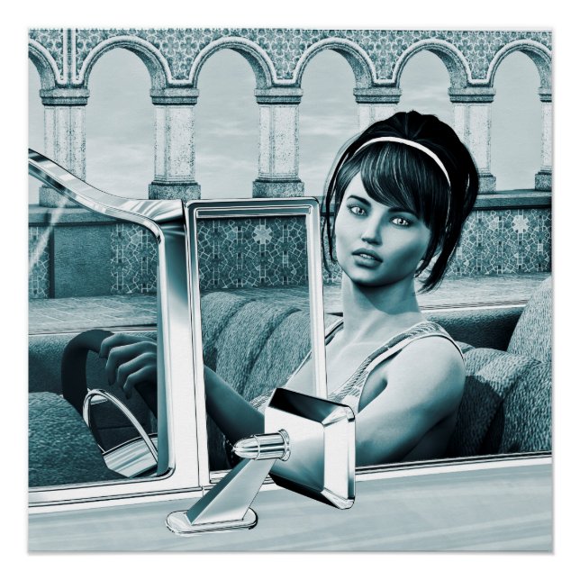 Póster Retrato de Mulher Glamour Azul Vintage (Frente)