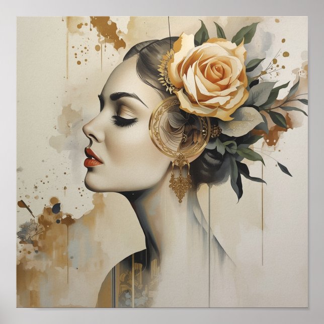 Poster Retrato de Perfil de Mulher com Rosa Pêssego (Frente)