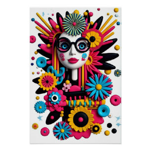 Póster Retrato de Pop de Arte 3D - Mulher Abstrato Colori