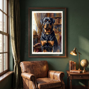 Poster Retrato de Rottweiler Real na Biblioteca