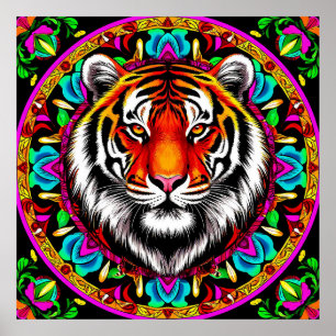 Poster Retrato de Tigre com Desenho de Mandala