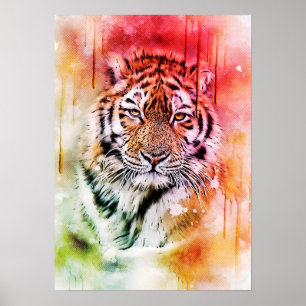 Poster Retrato de Tigre Rosto Aquarela Arte Gráfica