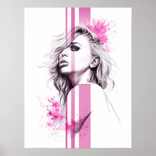 Poster Retrato de tinta feminina, ilustração de moda rosa