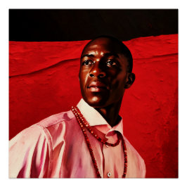 Póster Retrato de um Confiante em Camisa Rosa com Vermelh