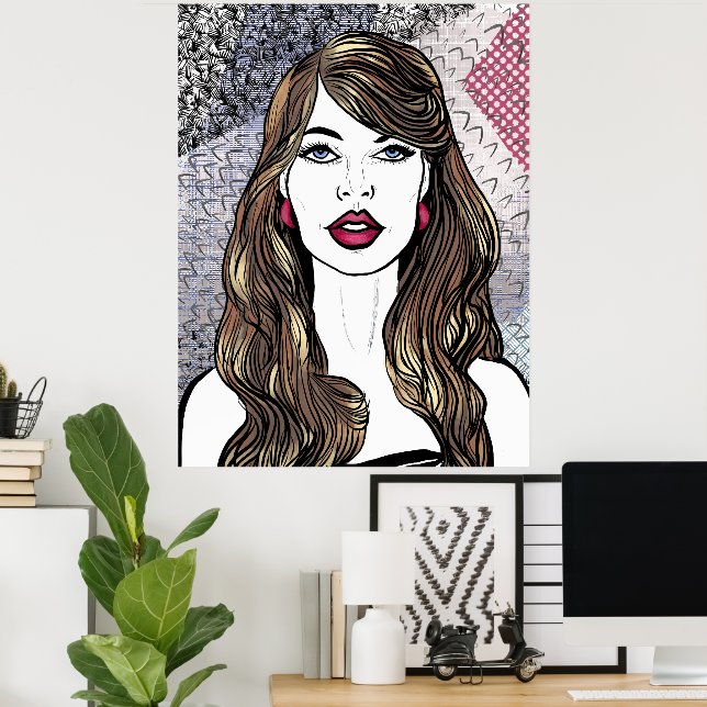 Poster Retrato de uma menina com cabelos castanhos compri (Escritório em casa)