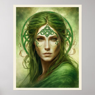 Poster Retrato de uma mulher em um nó celta irlandês verd
