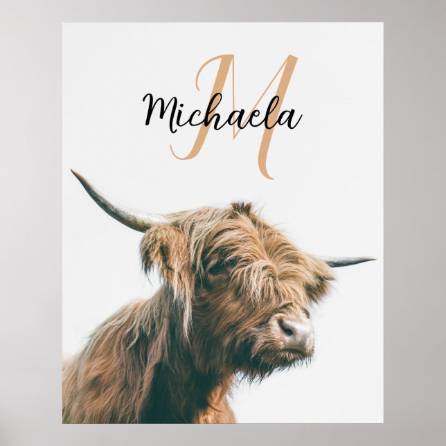 Poster Retrato de vaca das Terras Altas com nome personal (Frente)