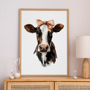 Póster Retrato de Vaca Fofo Marrom e Branco com Laço Femi