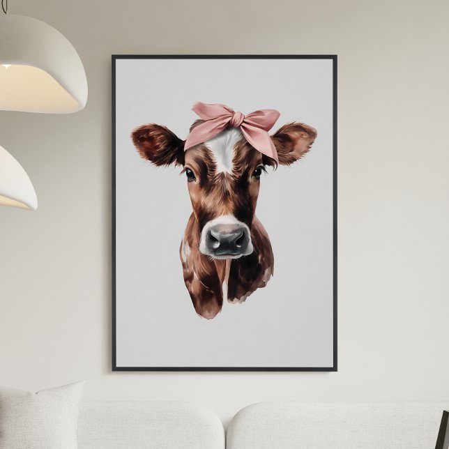 Póster Retrato de Vaca Marrom e Branca com Laço Rosa Fofi (Cute Girly Pink Bow Brown and White Cow Portrait Poster)