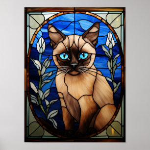 Poster Retrato de Vidro Colorido de Gato Siames de Olhos