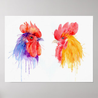 Poster Retrato de Watercolor Dois Roosters
