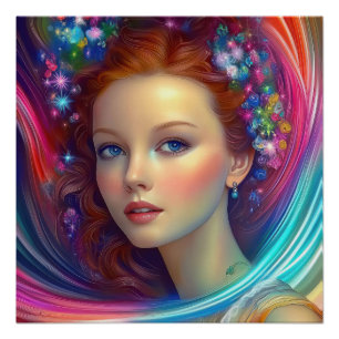 Póster Retrato do Cabelo Arco-Íris Encantado