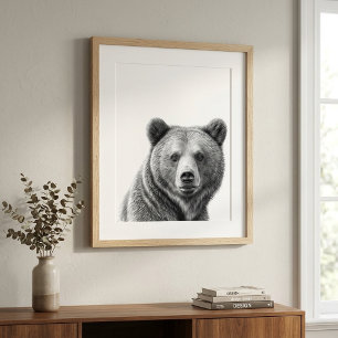Poster Retrato do Urso Grizzly Preto branco