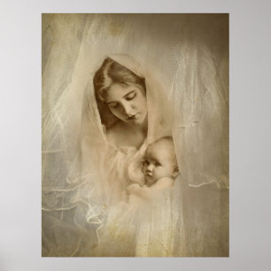 Poster Retrato do vintage, mãe Loving que guardara a