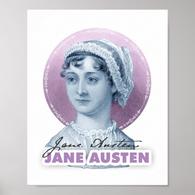 Poster Retrato e assinatura de Jane Austen rosa (Frente)