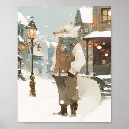 Poster Retrato em Aquarela da Raposa Ártica Nevada com Ca