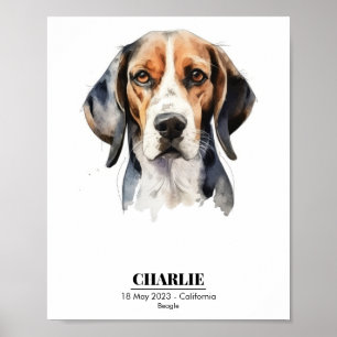 Poster Retrato em Aquarela de Beagle com Nome Personaliza