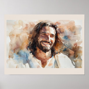 Poster Retrato em Aquarela de Jesus Sorridente   Arte Cri