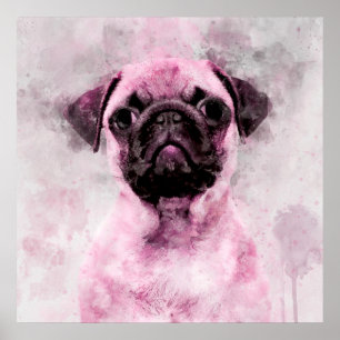 Poster Retrato em aquarela do cão Pug rosa 02