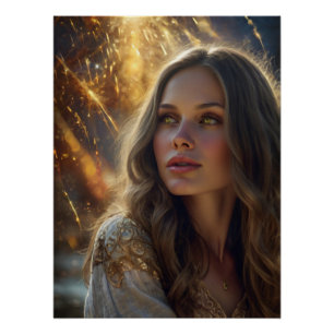 Póster *~* Retrato Fantástico de Deusa Eetérea Ouro Luz F