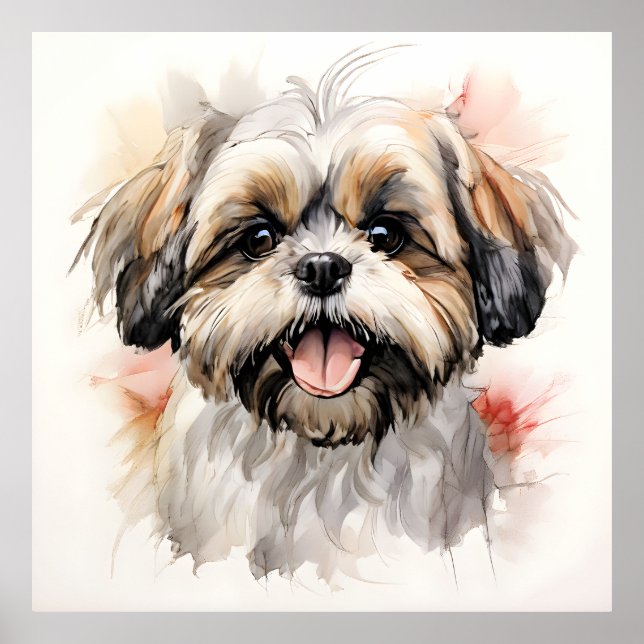 Poster Retrato Feliz de Cachorrinho Shih-tzu a Tinta (Frente)