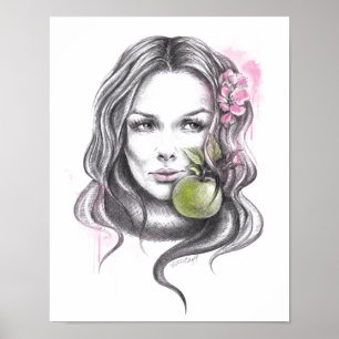 Poster Retrato feminino com maçã e flor Arte surreal