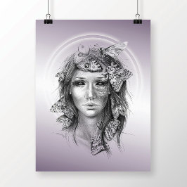 Poster Retrato feminino com mariposas surreal lápis