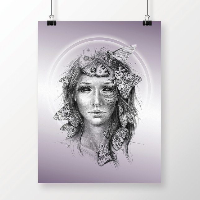 Poster Retrato feminino com mariposas surreal lápis (Criador carregado)