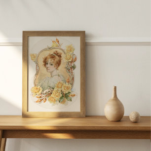 Poster Retrato feminino enquadrado com rosas amarelas