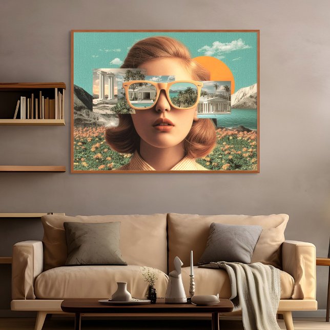 Poster Retrato feminino surreal com óculos de sol retrô (Surreal female portrait with retro sunglasses)