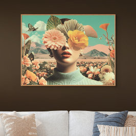 Poster Retrato Feminino Surrealista Com Flores Cobrindo o