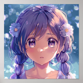 Poster Retrato Floral de Garota Anime Moe