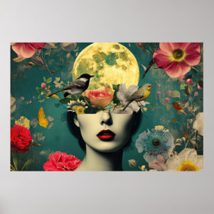 Poster Retrato Floral Surrealista da Lua