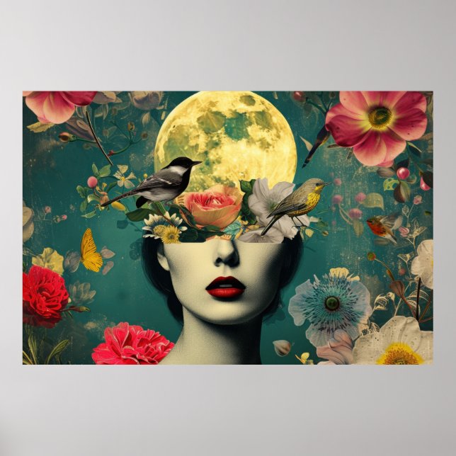 Poster Retrato Floral Surrealista da Lua (Frente)