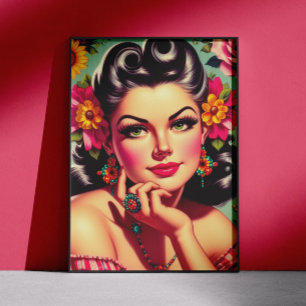 Poster Retrato Fofo de Pin-up Floral Retro