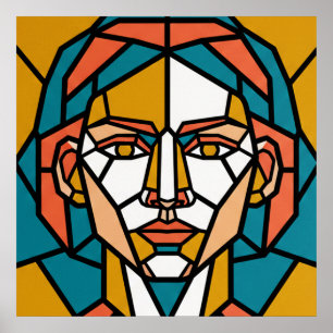Poster Retrato Geométrico em Mosaico em Âmbar e Turquesa