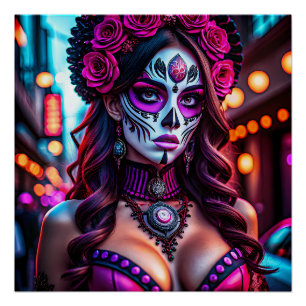 Póster Retrato Glamorous Día de los Muertos Catrina com