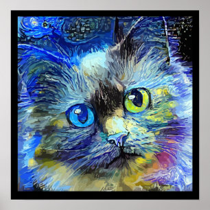 Poster Retrato Impressionista de Gato Azul Amarelo Preto 