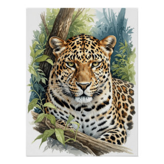 Póster Retrato Majestoso de Leopardo em Aquarela
