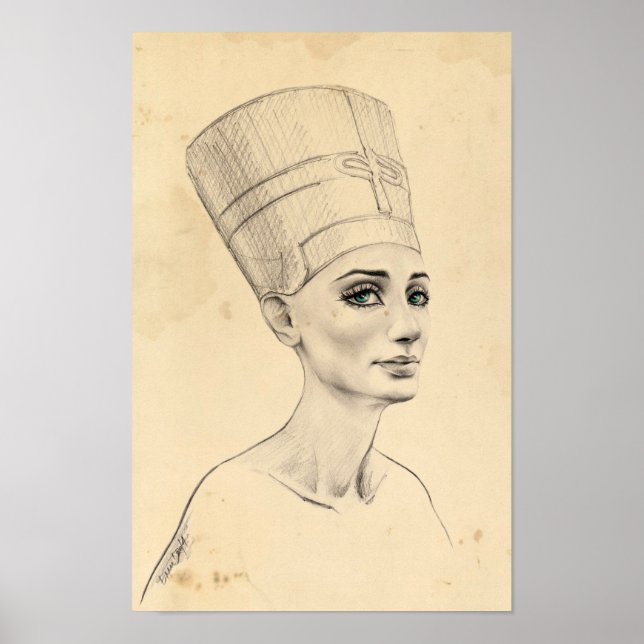 Póster Retrato Nefertiti desenhando Papiro Antigo Egito (Frente)
