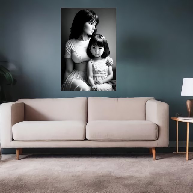 Poster Retrato preto branco Mãe e filha | Arte AI (Criador carregado)
