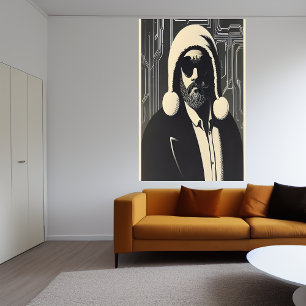 Poster Retrato preto e branco de Papai Noel   Arte AI