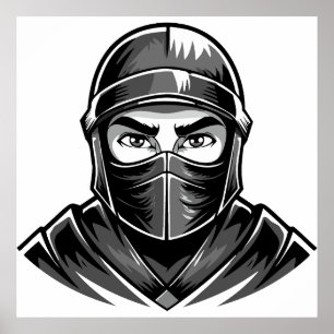 Poster Retrato preto e branco de um guerreiro ninja mascu