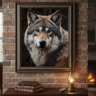 Poster Retrato Realista de Lobo Pintura Vida Selvagem Cab